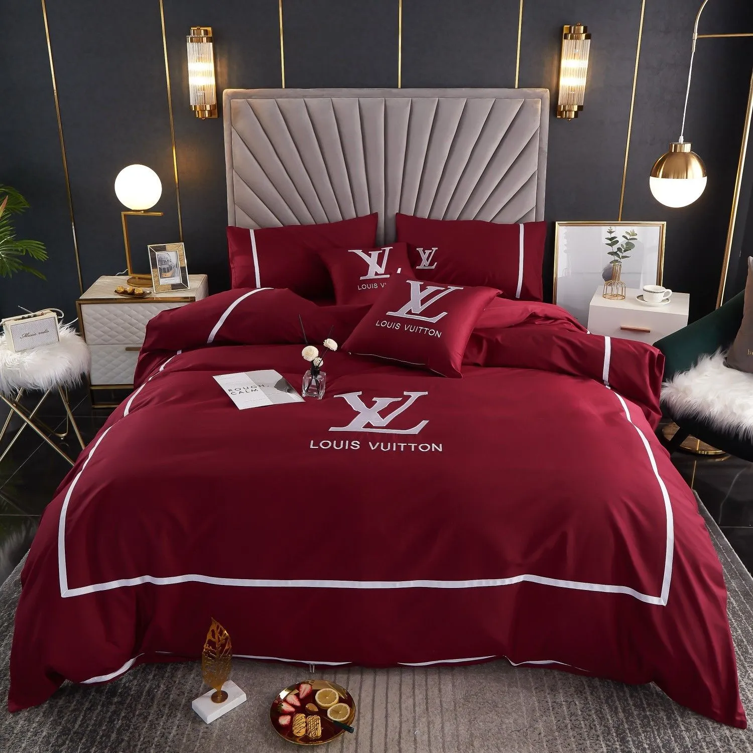 Louis Vuitton Red Luxury Brand Bedding Set