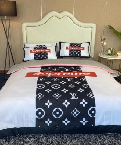 Louis Vuitton Supreme Black White Fashion Luxury Brand Bedding Set