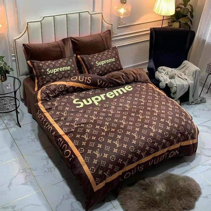 Louis Vuitton Supreme Brown Fashion Luxury Brand Bedding Set