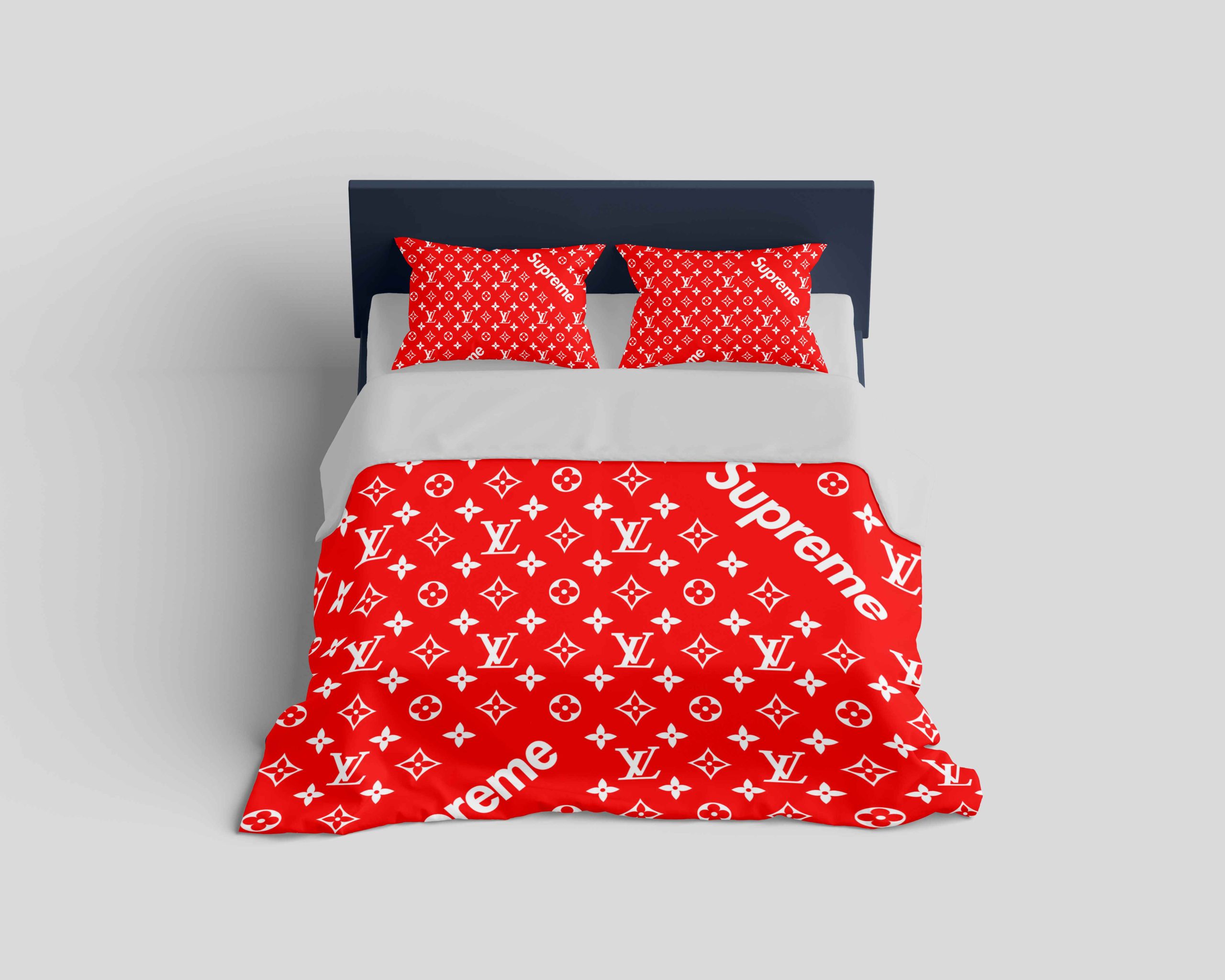 Louis Vuitton Supreme Red Logo Fashion Luxury Brand Bedding Set