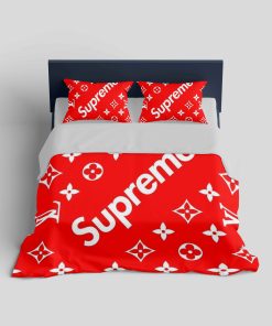 Louis Vuitton Supreme Red Logo Fashion Luxury Brand Premium Bedding Set