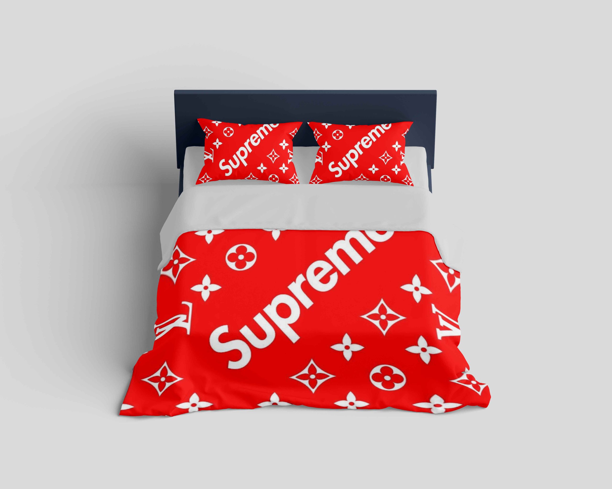 Louis Vuitton Supreme Red Logo Fashion Luxury Brand Premium Bedding Set