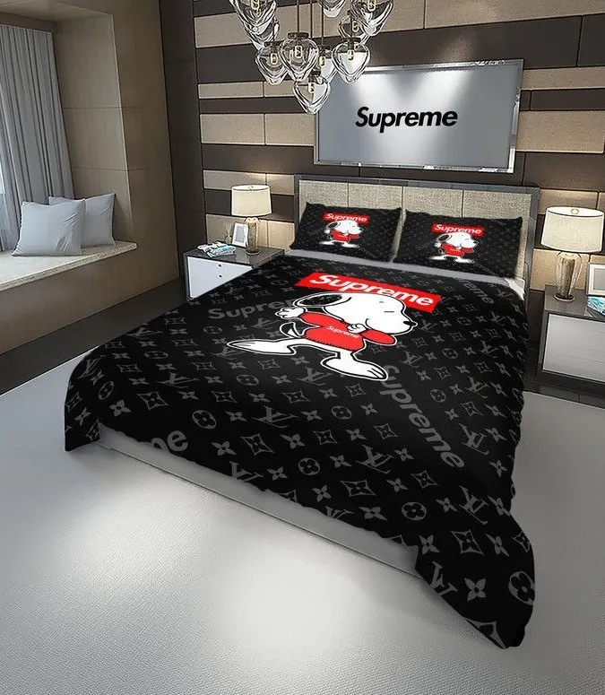 Louis Vuitton Supreme Snoopy Black Luxury Brand Bedding Set