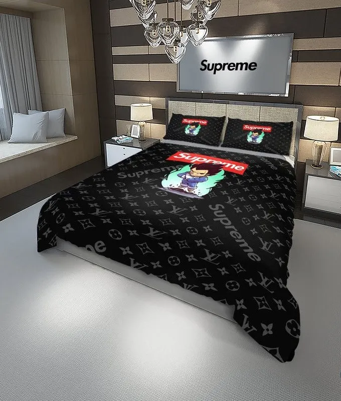 Louis Vuitton Supreme Vegeta Dragon Ball Black Luxury Brand Bedding Set