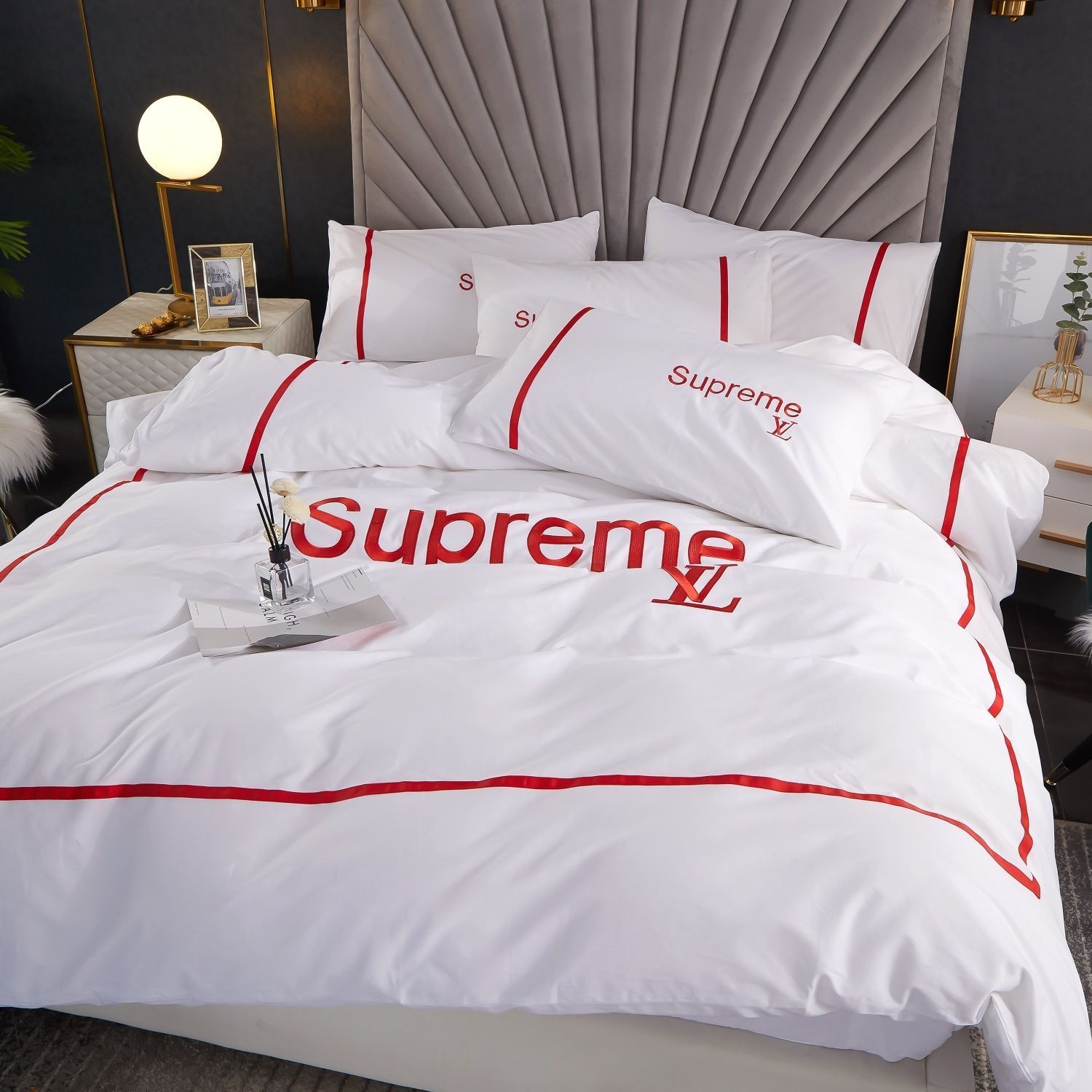 Louis Vuitton Supreme White Fashion Luxury Brand Bedding Set