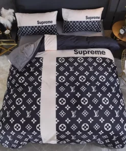 Louis Vuitton Supreme White Logo Black Luxury Brand Premium Bedding Set