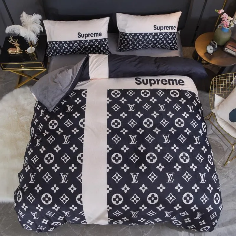 Louis Vuitton Supreme White Logo Black Luxury Brand Premium Bedding Set