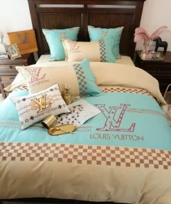 Louis Vuitton Yellow Light Blue Luxury Brand Premium Bedding Set