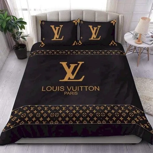 Louis Vuitton Yellow Logo Black Luxury Brand Premium Bedding Set