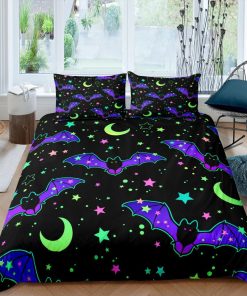 Moon stars and bat 90s neon halloween bedding hippie retro duvet cover, colorful dorm bedding, teens bedroom, adult duvet, toddler bedding