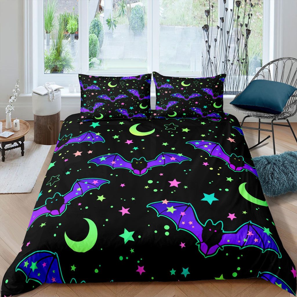 Moon stars and bat 90s neon halloween bedding hippie retro duvet cover, colorful dorm bedding, teens bedroom, adult duvet, toddler bedding