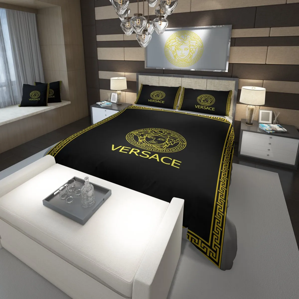 Versace Black Golden Fashion Luxury Brand Premium Bedding Set