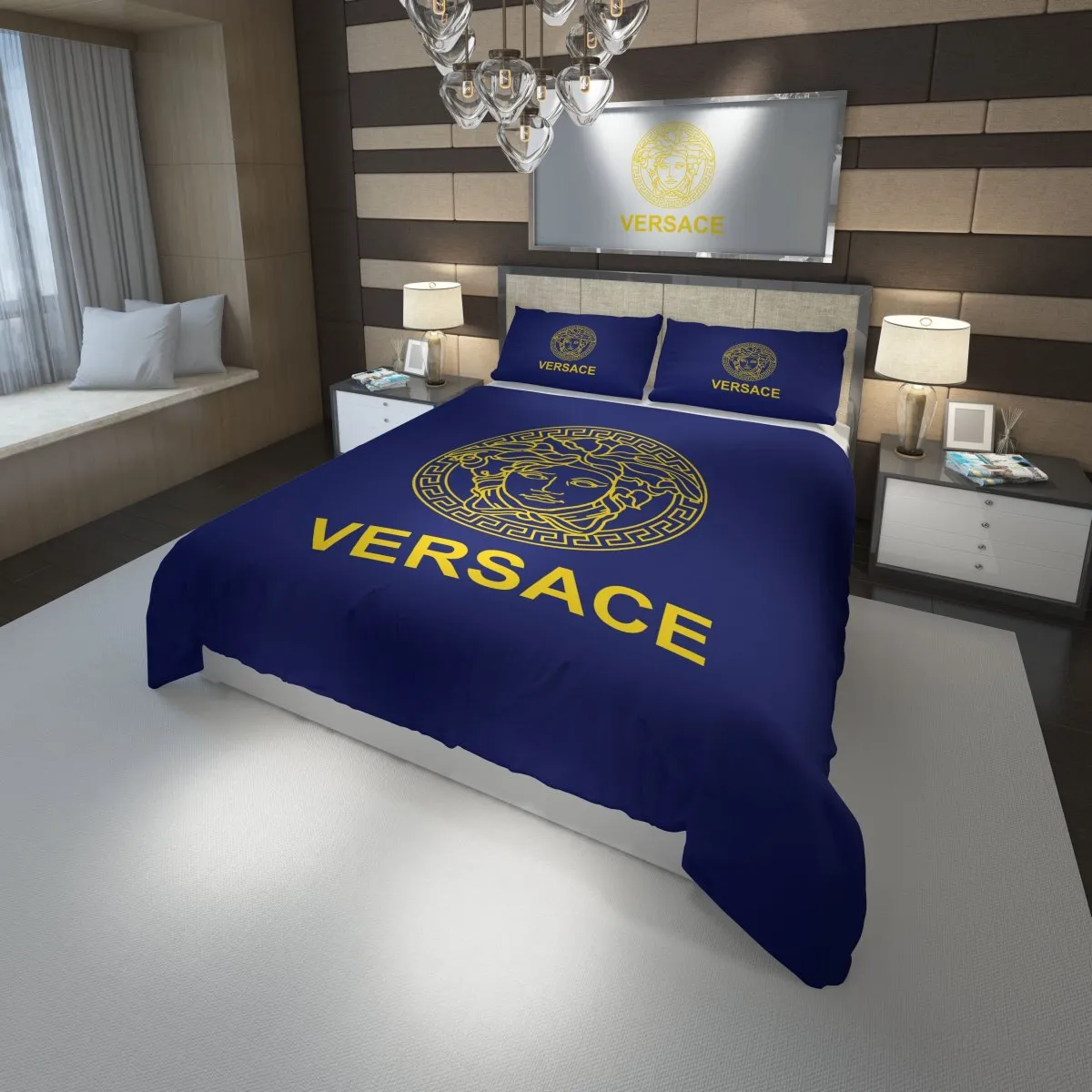 Versace Blue Golden Fashion Luxury Brand Premium Bedding Set