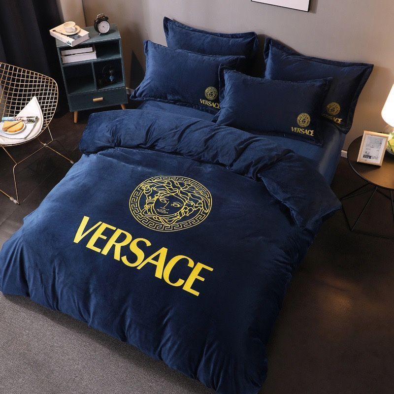 Versace Deep Blue Fashion Logo Luxury Brand Bedding Set