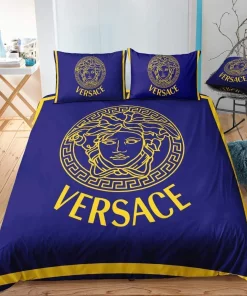 Versace Golden Logo Blue Luxury Brand Bedding Set