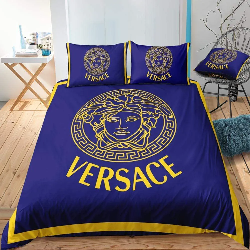 Versace Golden Logo Blue Luxury Brand Bedding Set