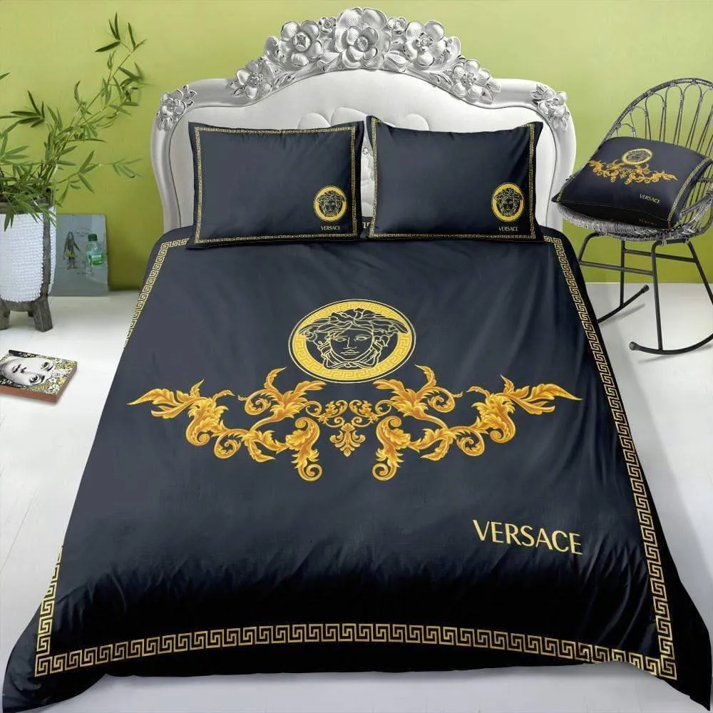 Versace Medusa Golden Pattern Black Luxury Brand Bedding Set