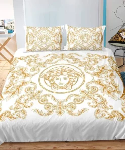 Versace Medusa Golden Pattern White Luxury Brand Bedding Set