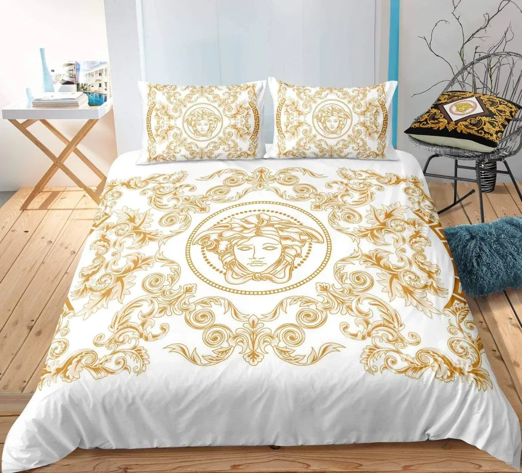 Versace Medusa Golden Pattern White Luxury Brand Bedding Set