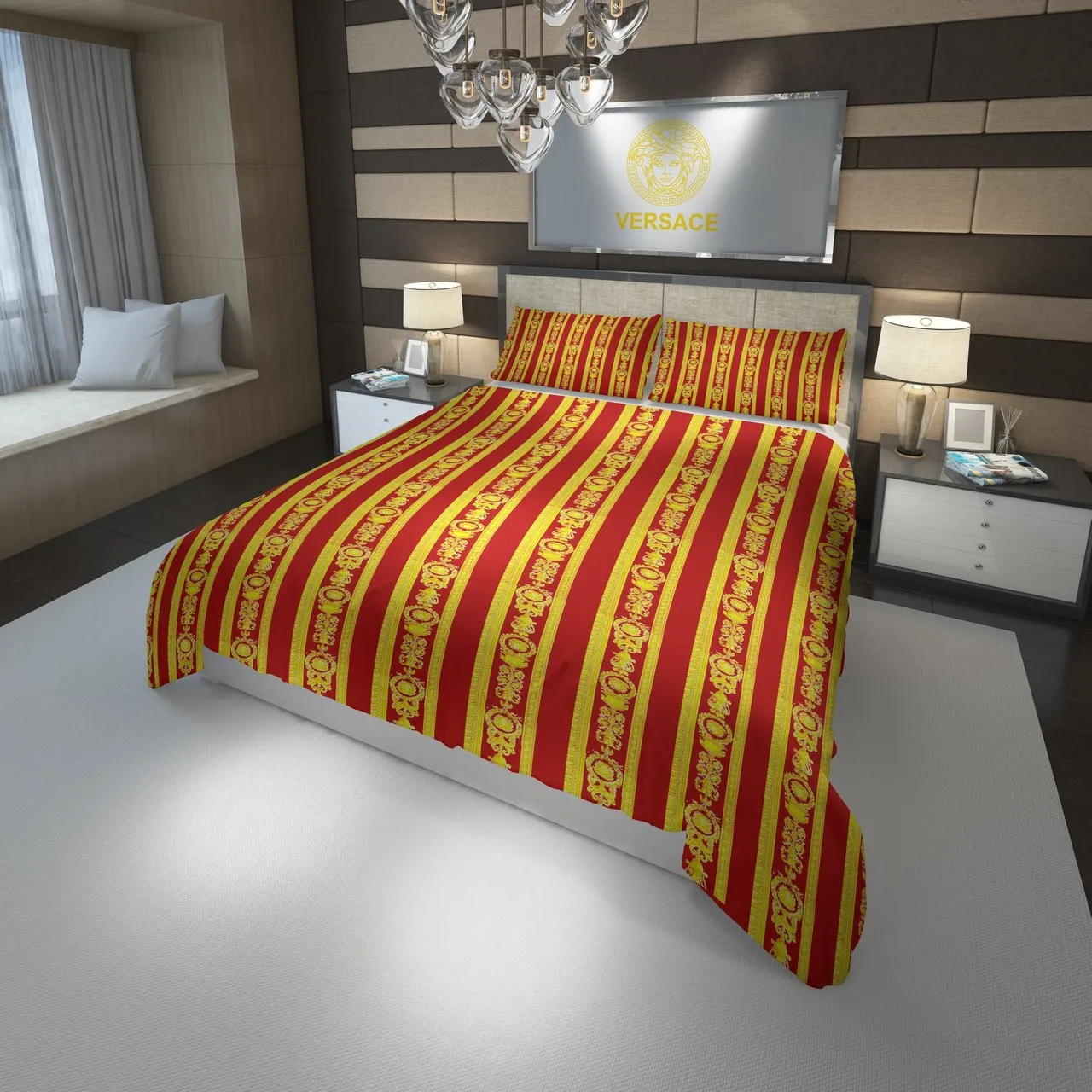 Versace Red Golden Fashion Luxury Brand Premium Bedding Set