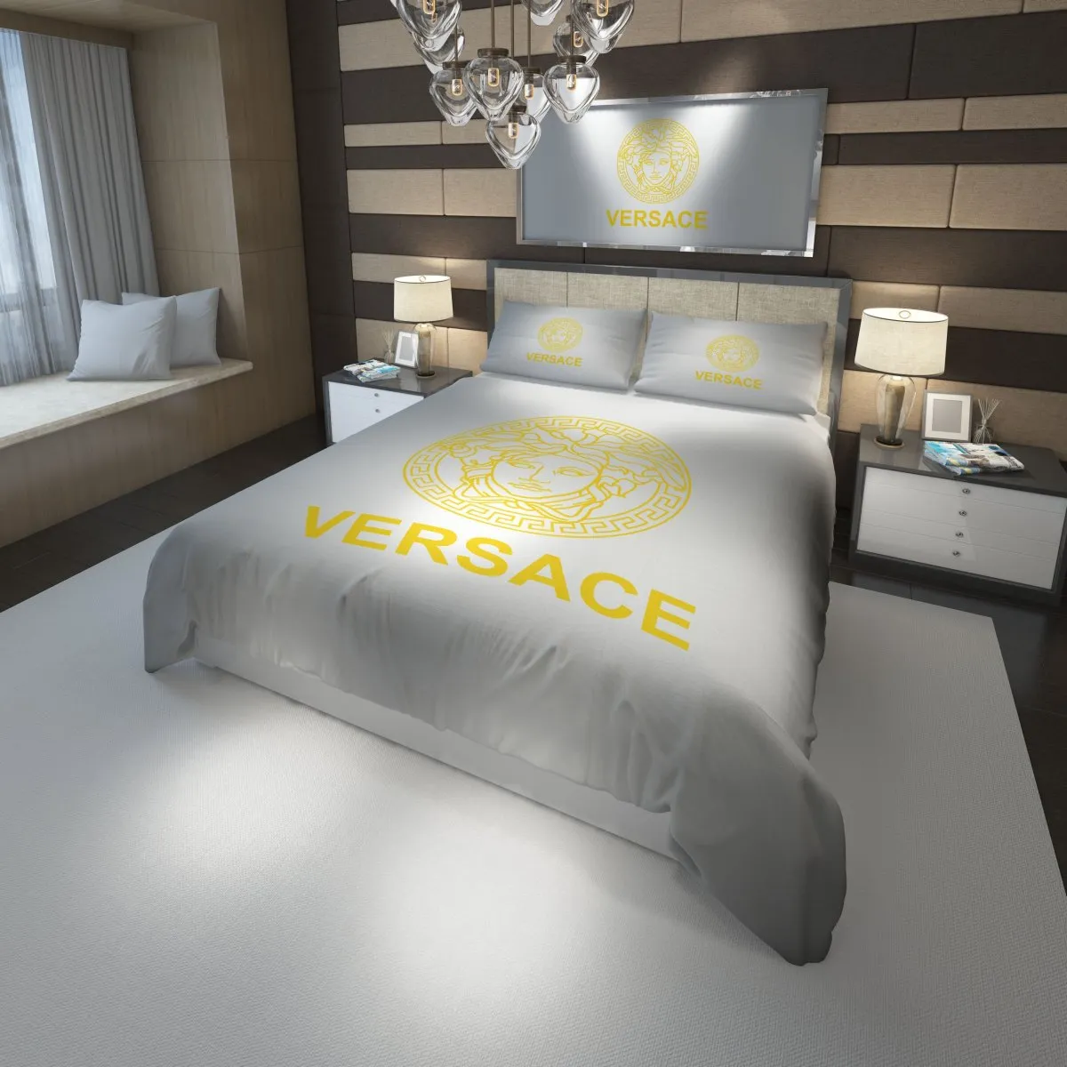 Versace White Golden Fashion Luxury Brand Premium Bedding Set