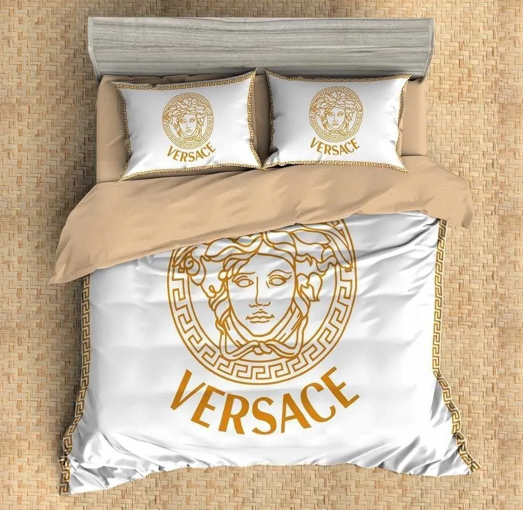 Versace White Golden Logo Luxury Brand High-End Bedding Set