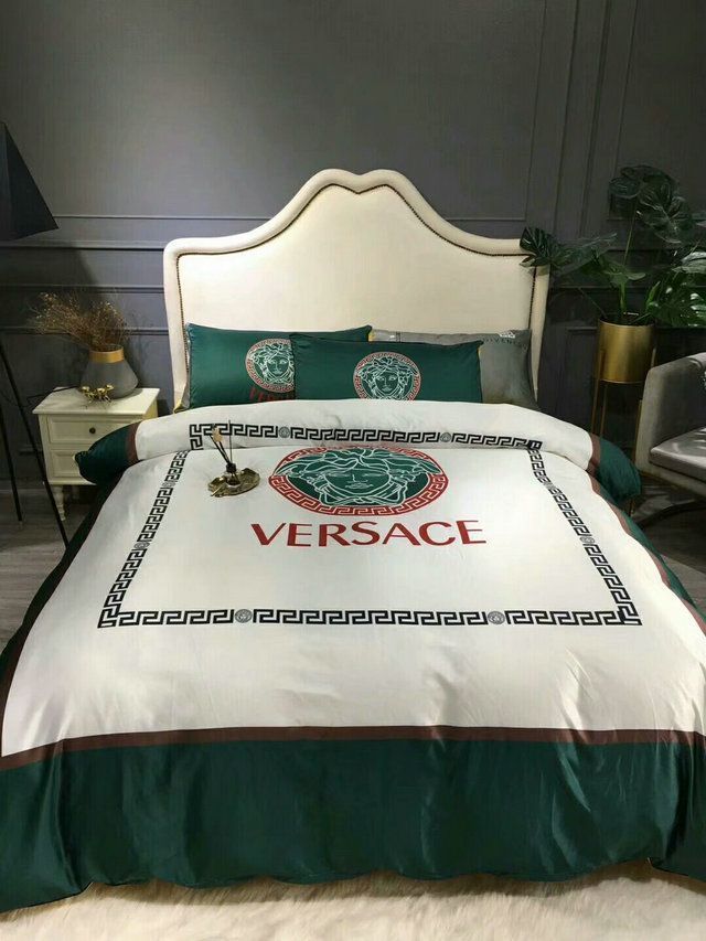 Versace White Green Fashion Logo Luxury Brand Bedding Set