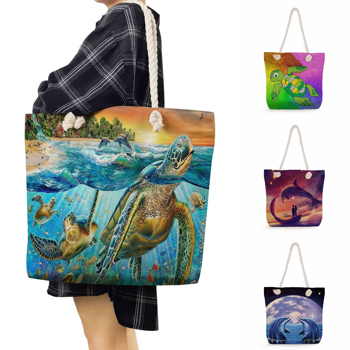 Casual-Large-Capacity-Shoulder-Travel-Beach-Bag-Ocean-Series-Foldable-Women-Groceries-Shopping-Bags-Turtle-Whale