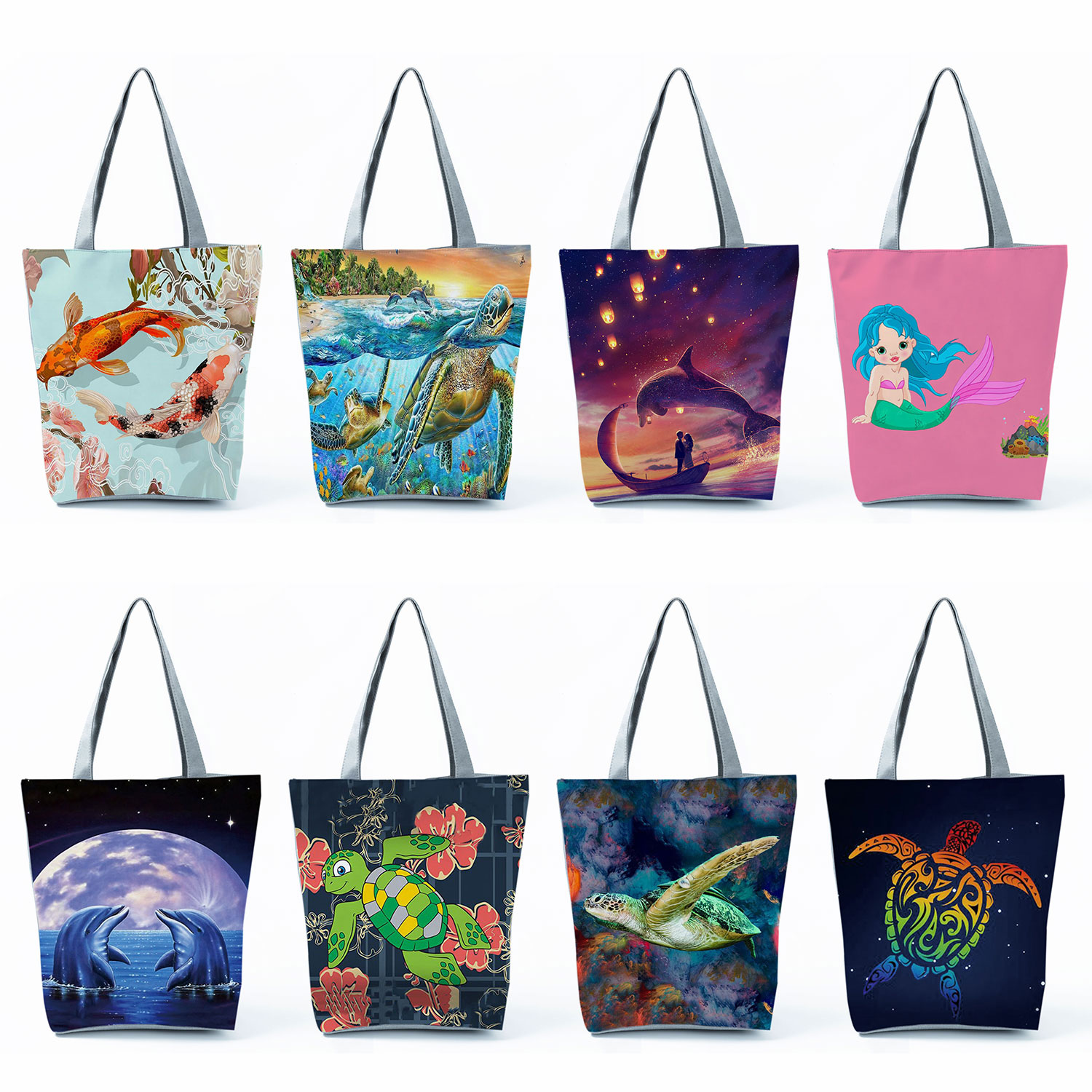 Shopping-Shoulder-Bags-Casual-Whale-Turtle-Mermaid-Print-Tote-Foldable-Water-Animals-Graphic-Women-Eco-Reusable